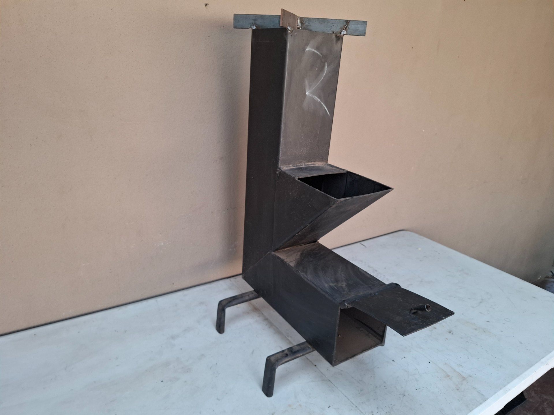 Welded metal vertical hopper / chute assembly with ashbox and legs — usable, welded repairs
