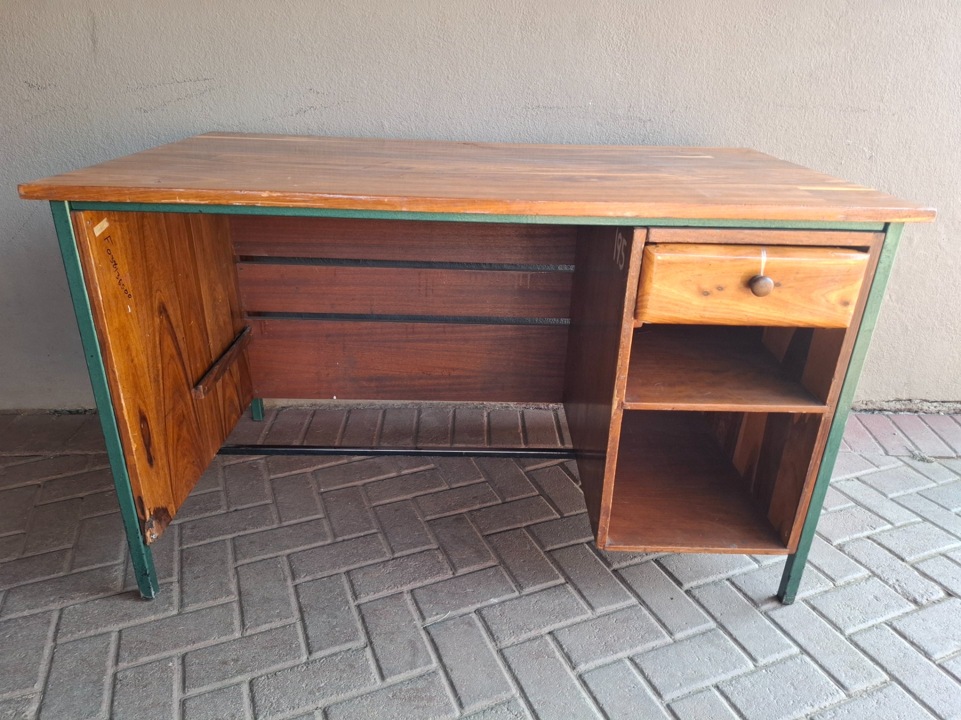 Used Wooden Office Desk with Green Metal Frame, Drawer & Shelving (130 x 75 x 76cm)