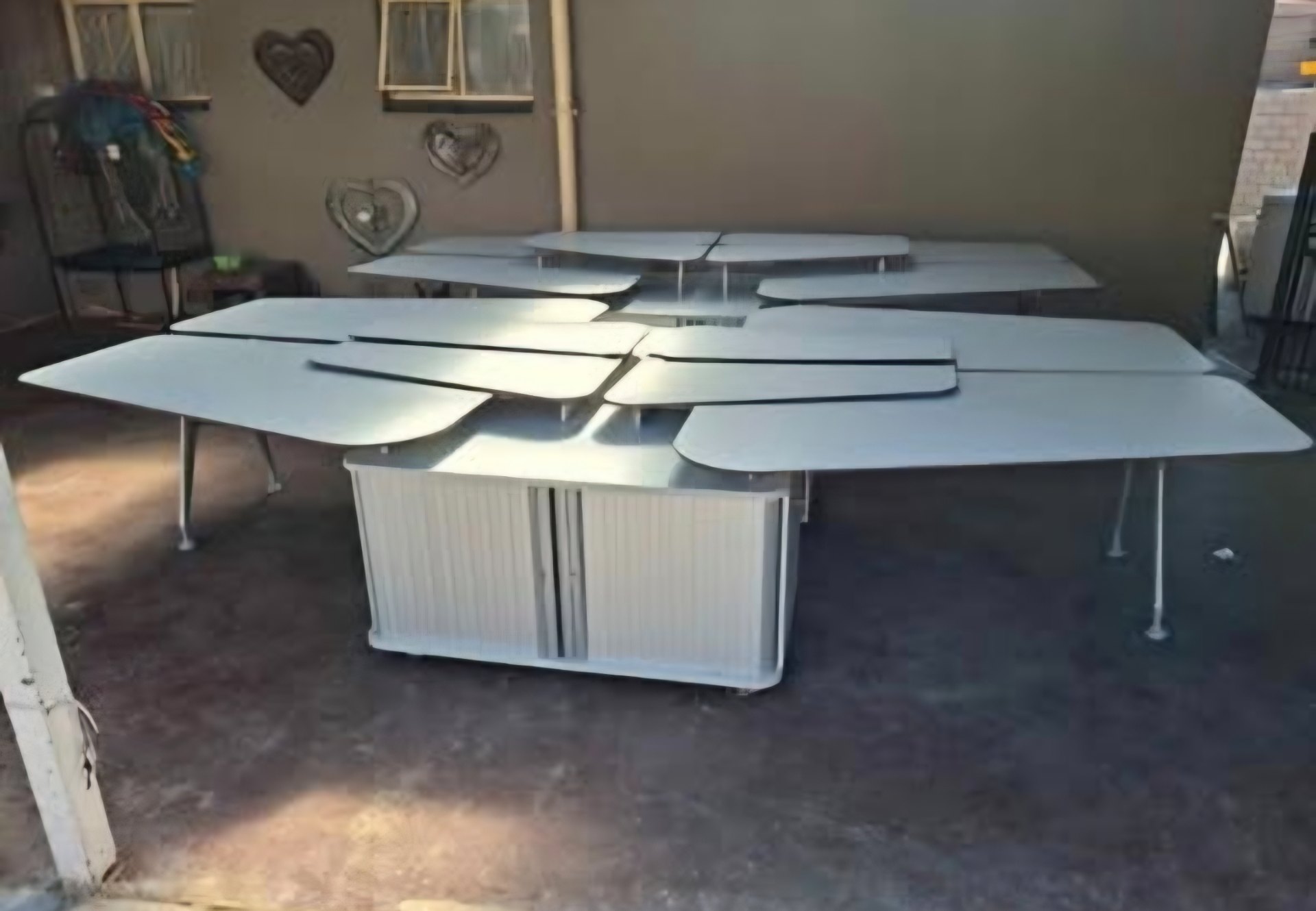Pair of Large Modular Office Workstations with Roller‑door Cabinets — 4 Cabinet Posts, 8 Table Needs to be assembled
