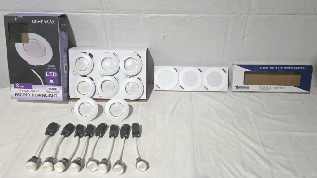 Mixed lighting lot — Light Worx GU10 8-pack downlight trims + Bright Star triple LED panels, bulbs & drivers (boxes opened)