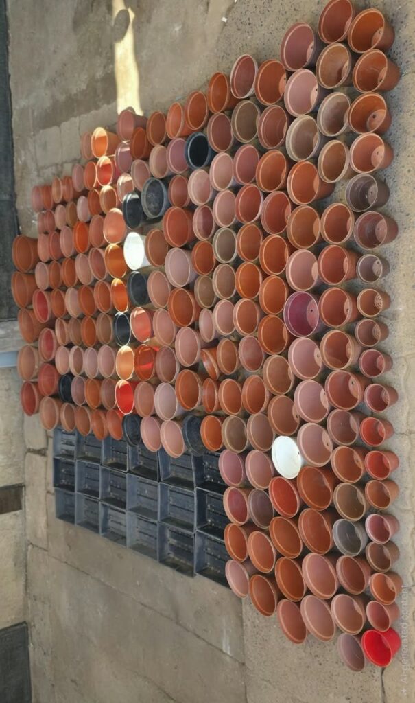 Bulk lot: 216 assorted planting pots with 18 black seedling trays — used, mixed sizes