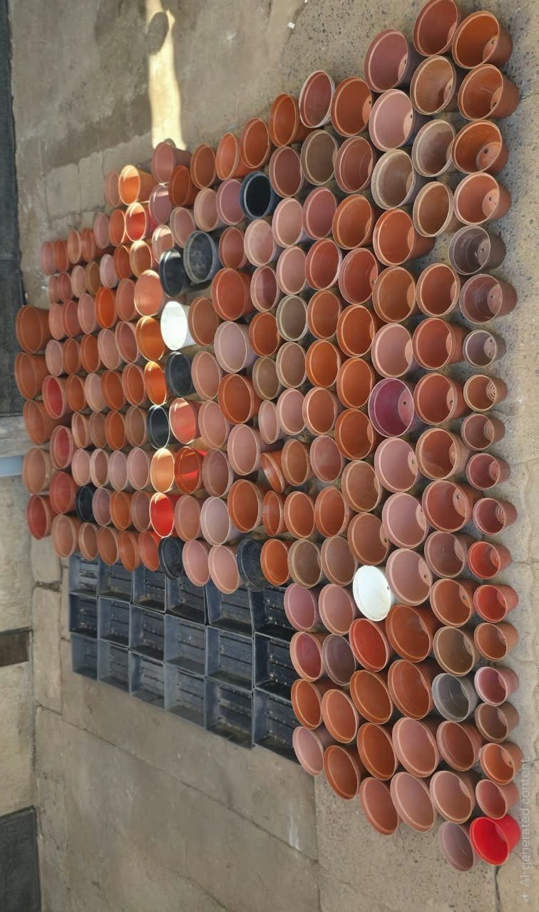 Bulk lot: 216 assorted planting pots with 18 black seedling trays — used, mixed sizes
