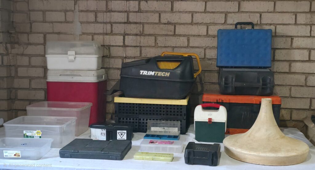 Mixed lot — Assorted toolboxes, storage tubs, cooler & TRIMTECH case (about 18 items)