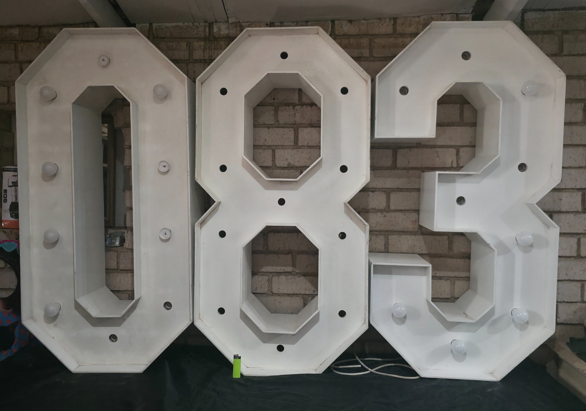 Set of 3 Large White Illuminated Marquee Characters (0, 8, 3) — Some Bulbs Fitted, Untested