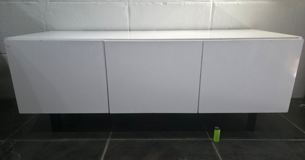 White low 3-drawer sideboard / TV unit — smooth drawers, stable frame, visible surface wear