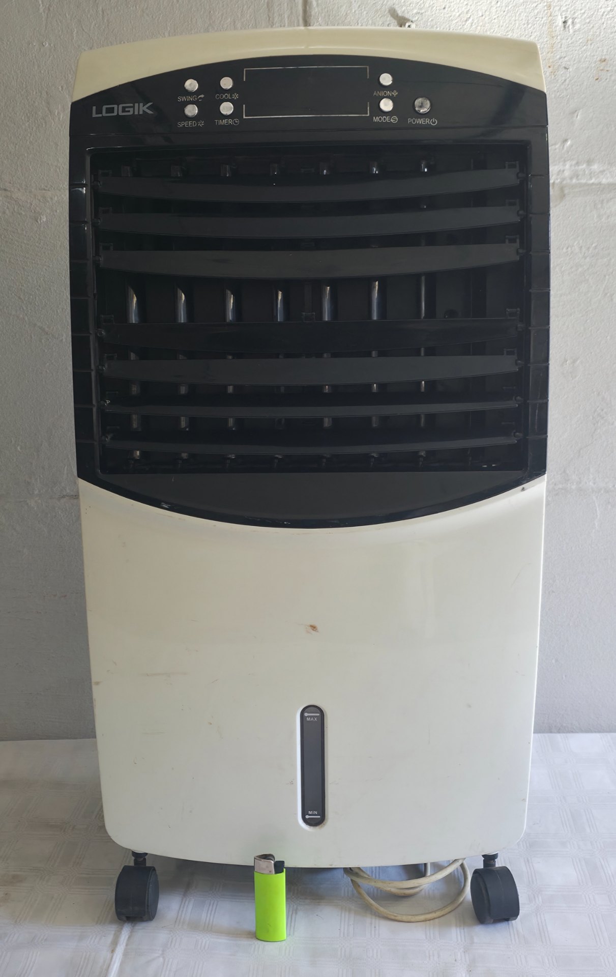 LOGIK portable evaporative air cooler — working, water tank & castors, used with cosmetic damage