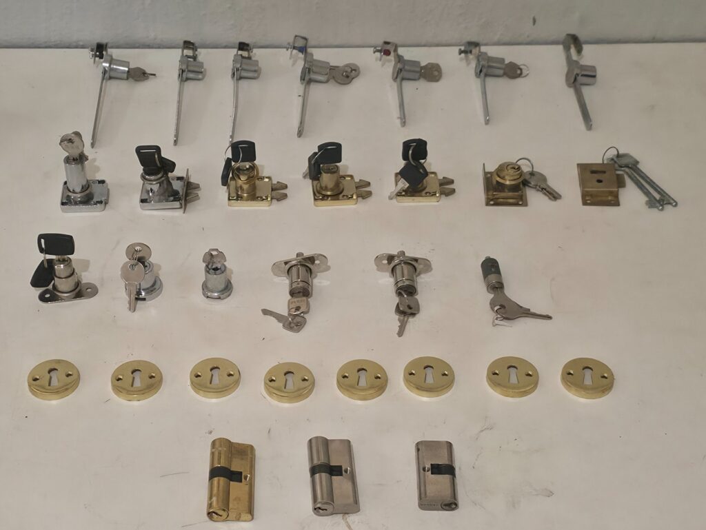 Lot of 61 Assorted Lock Cylinders, Cam Locks, Escutcheons & Keys — Warehouse Tested