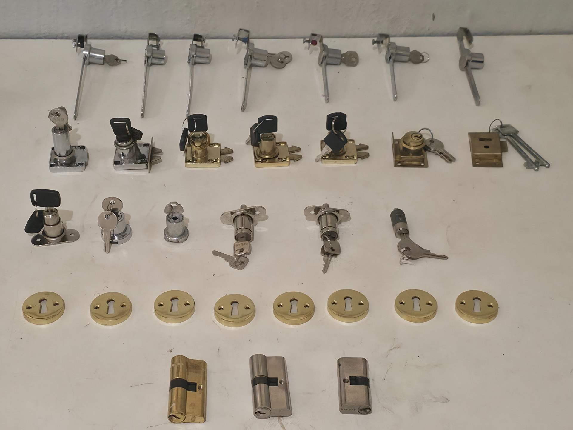 Lot of 61 Assorted Lock Cylinders, Cam Locks, Escutcheons & Keys — Warehouse Tested