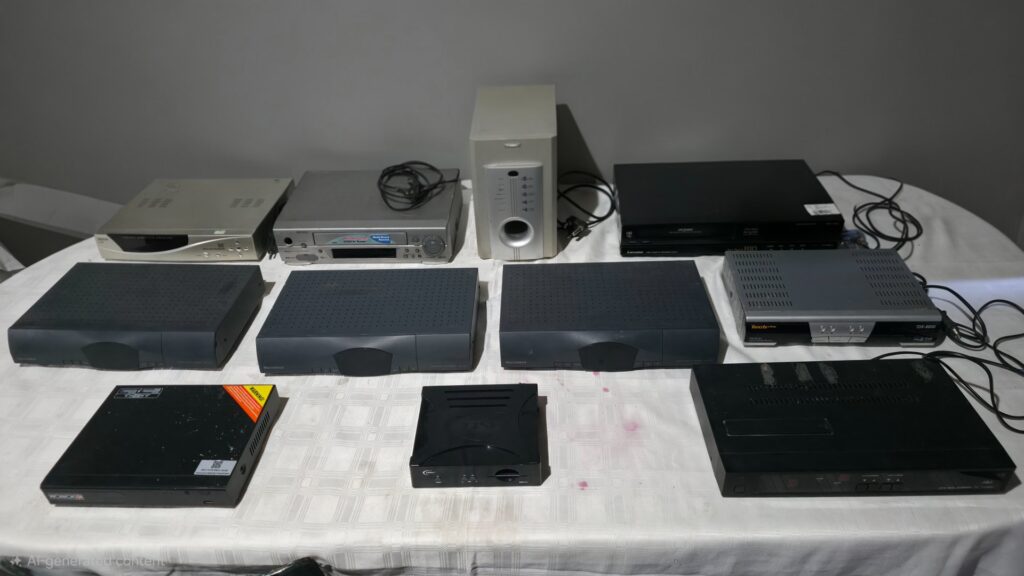 Mixed lot of approx. 11 used AV devices — set-top boxes, DVD/VCR players, subwoofer (Teclive TDF-8800 visible)