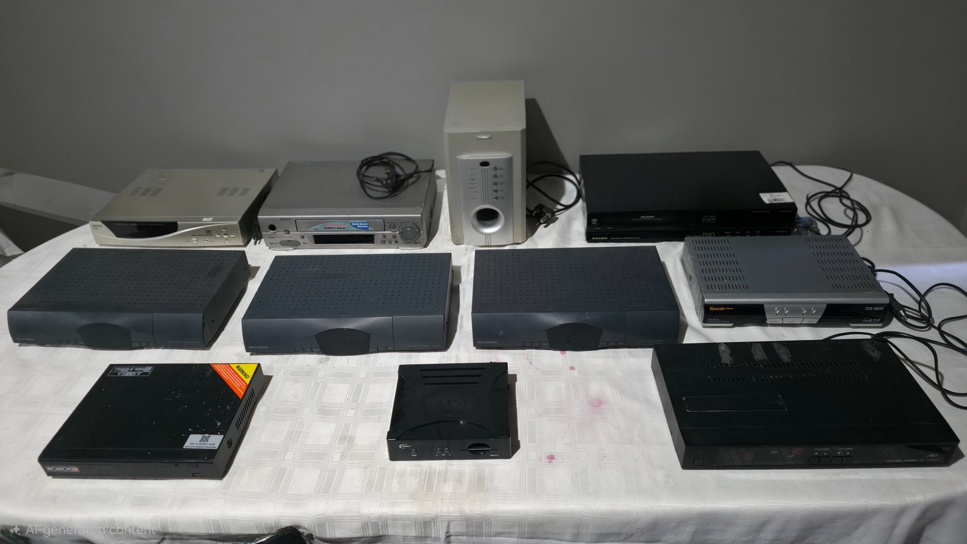 Mixed lot of approx. 11 used AV devices — set-top boxes, DVD/VCR players, subwoofer (Teclive TDF-8800 visible)