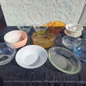 Assorted Glass & Ceramic Bowls + Small Plates — mixed lot, used, light wear