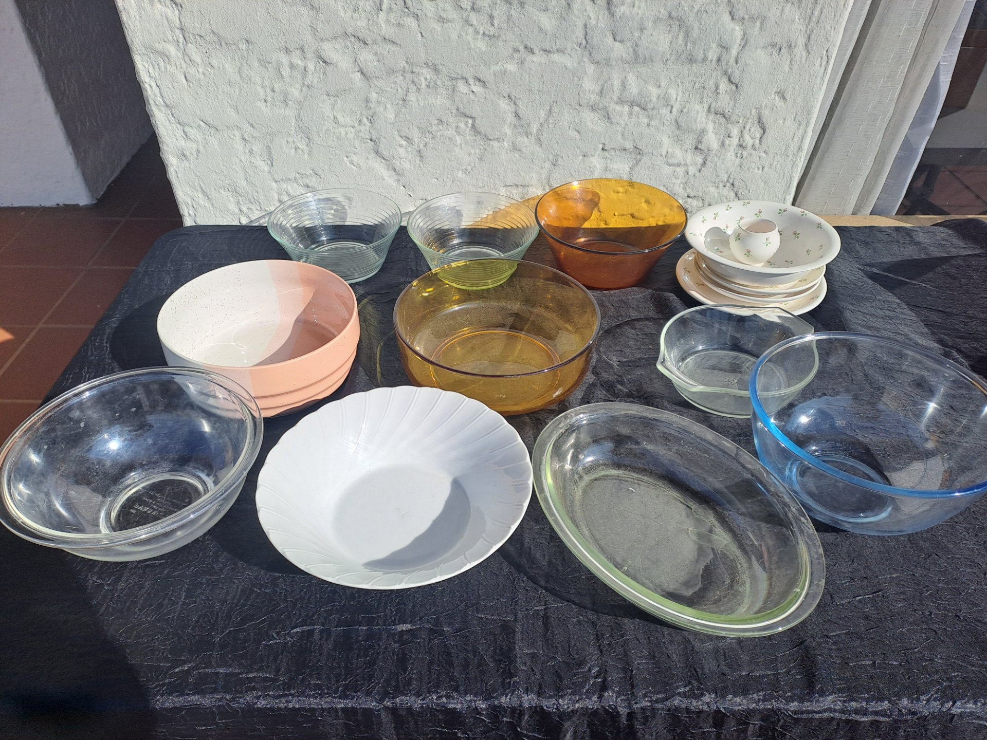 Assorted Glass & Ceramic Bowls + Small Plates — mixed lot, used, light wear