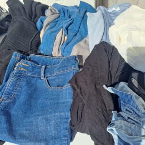 Mixed women's clothing lot — jeans, knitwear, padded jacket & tops (used, visible wear)