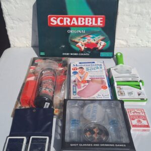 Mixed household & games lot — complete Scrabble, Prepworks julienne & slicer, moisturising socks, waterless car wash, shot-glass drinking game, 3 card decks & pouch