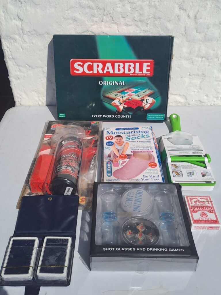 Mixed household & games lot — complete Scrabble, Prepworks julienne & slicer, moisturising socks, waterless car wash, shot-glass drinking game, 3 card decks & pouch