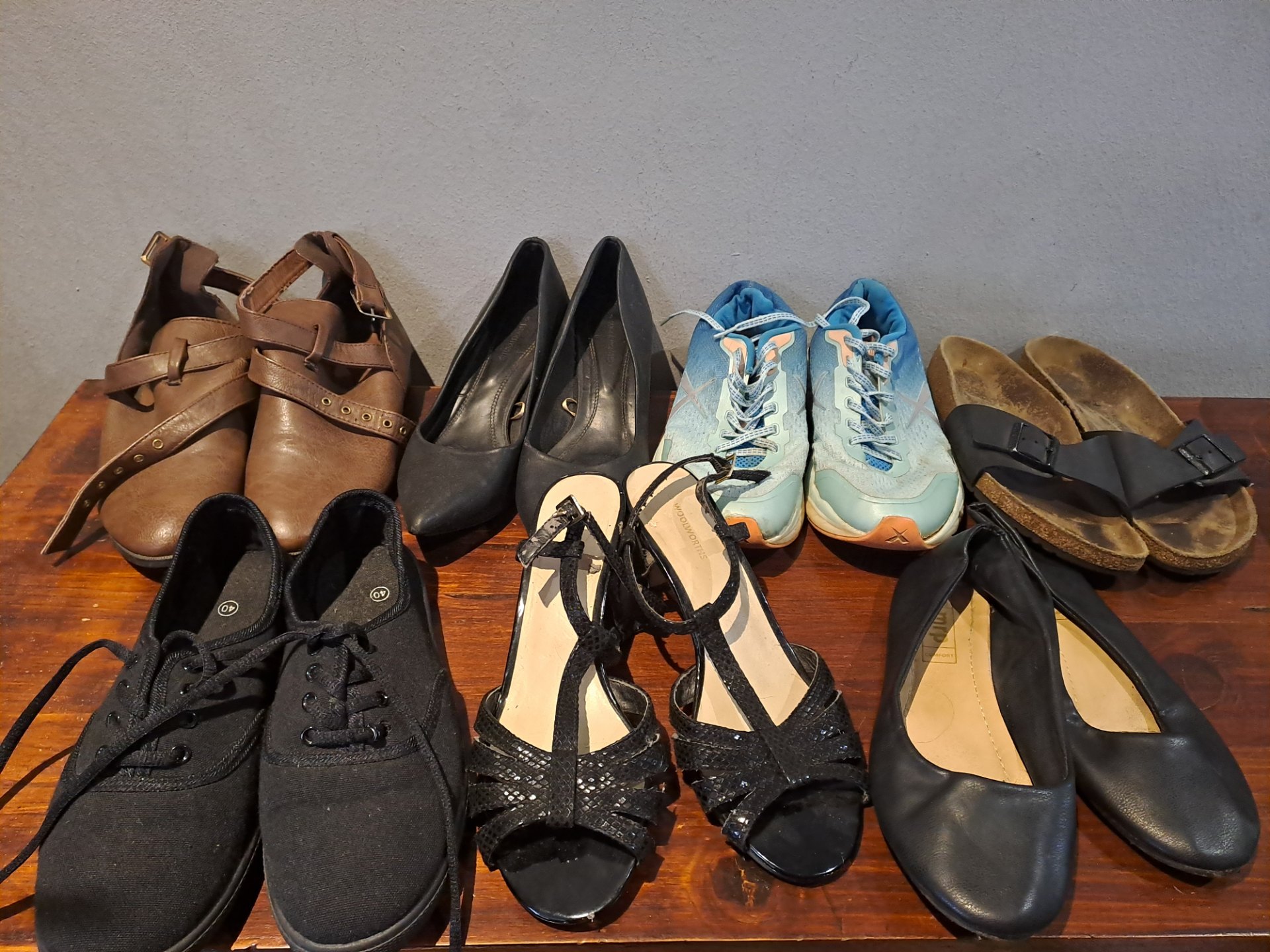 Mixed women’s shoes lot — assorted heels, sandals, trainers & flats, size 6 (used)