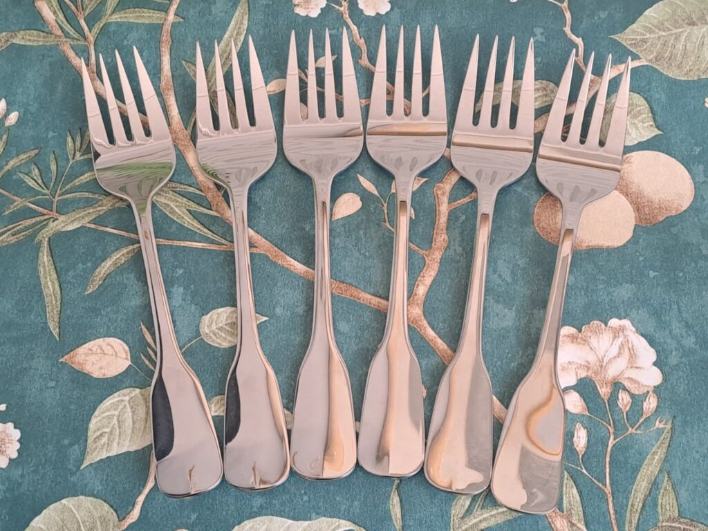 Set of 6 Gingko 18/10 Stainless Large Buffet / Meat Forks — Polished, stamped