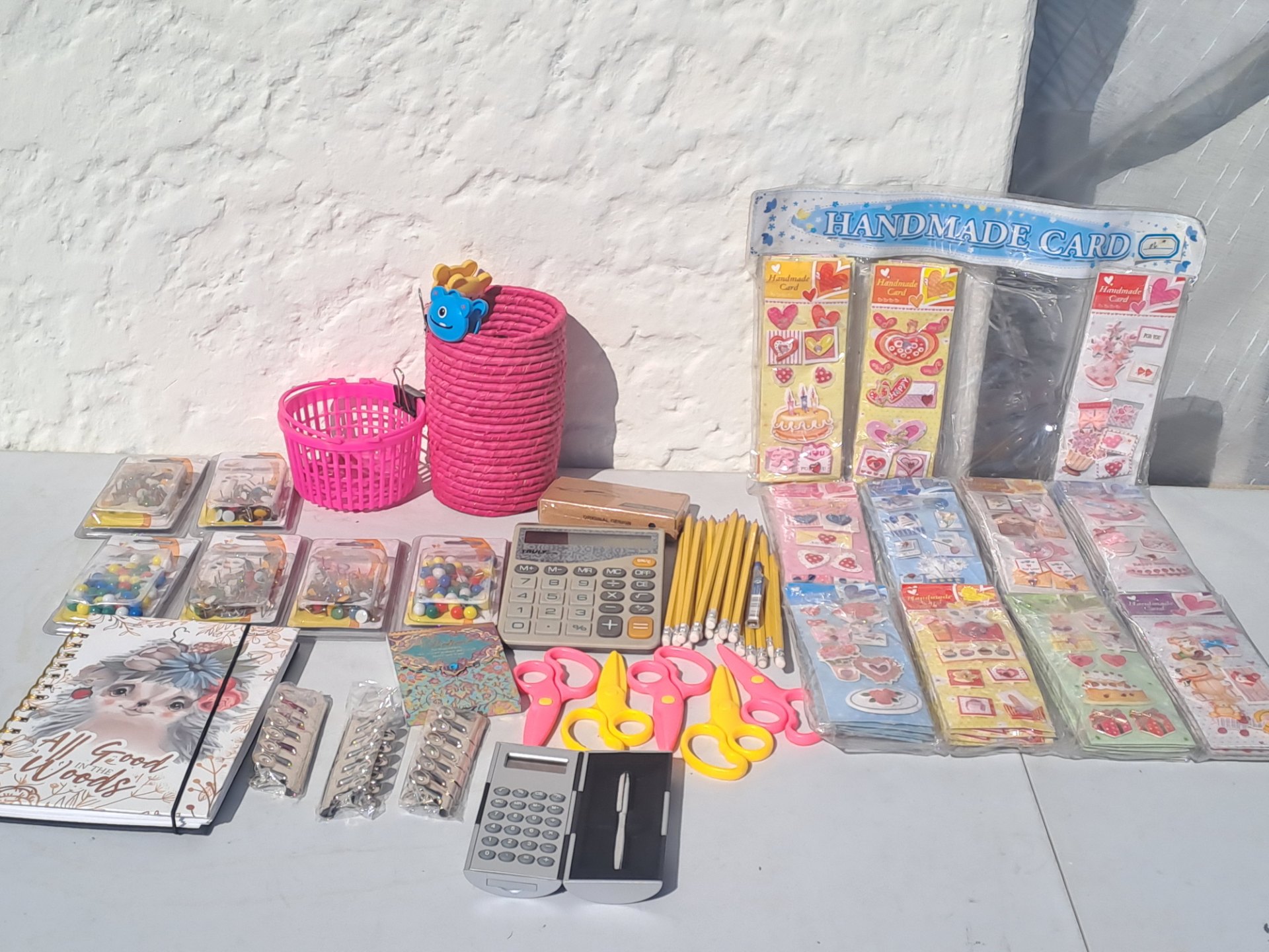 Assorted Stationery Bulk Lot – Sealed Sticker Packs, Push‑Pins, Pencils, Pink Scissors, Notebooks, Baskets + 2 Working Calculators