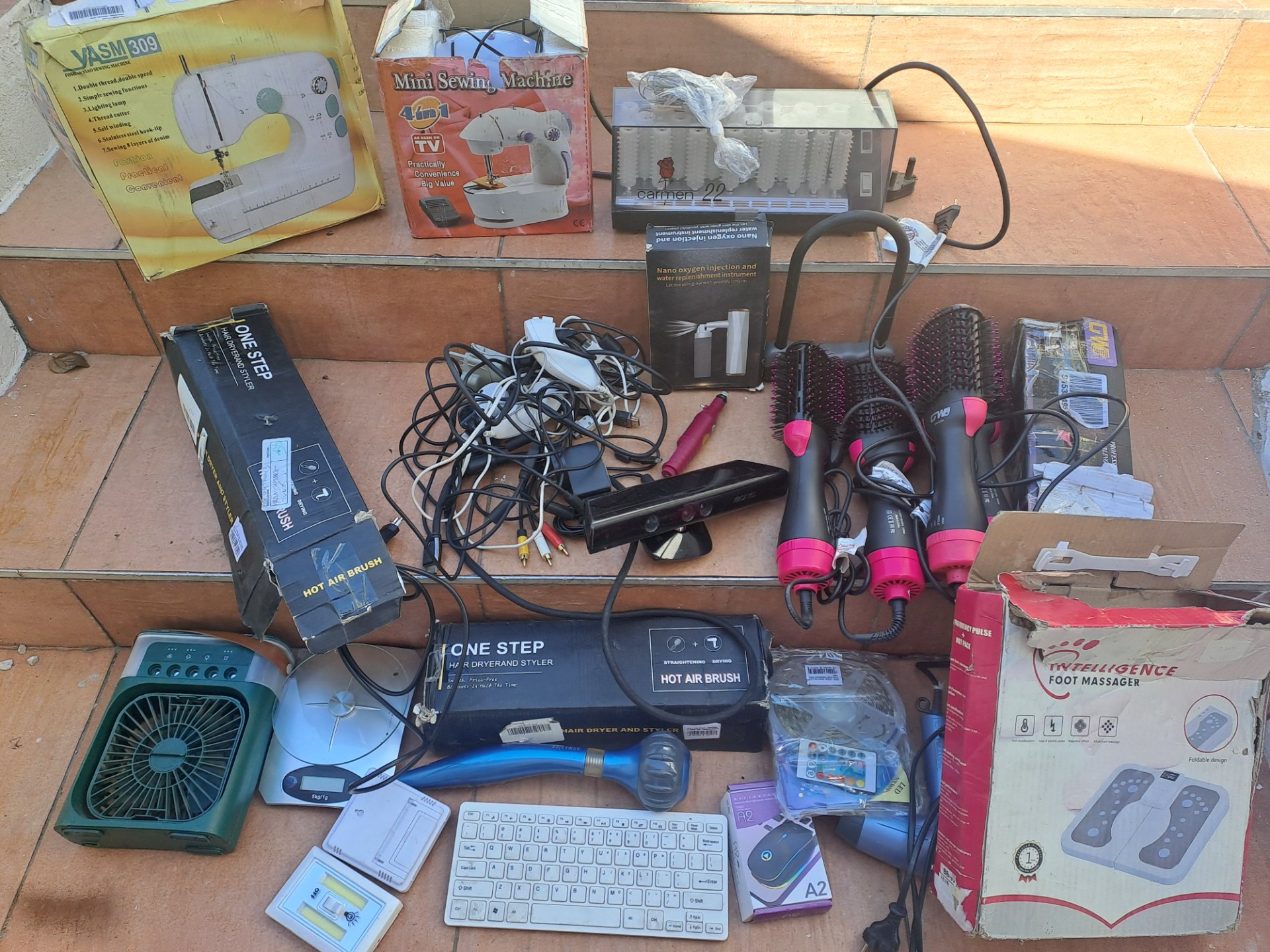 Mixed small electricals & accessories bulk lot — boxed hair stylers, sewing boxes, cables, keyboard, scale, Kinect sensor (UNTAPPED, AS-IS)