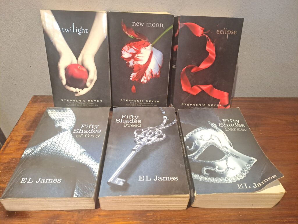 Mixed paperback lot — Stephenie Meyer Twilight trilogy + E L James Fifty Shades trilogy (6 used paperbacks)