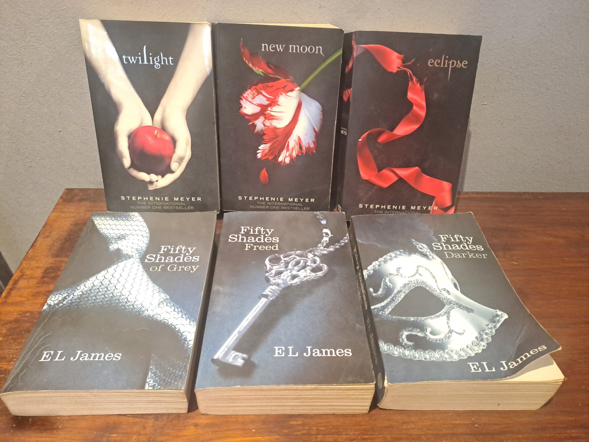 Mixed paperback lot — Stephenie Meyer Twilight trilogy + E L James Fifty Shades trilogy (6 used paperbacks)