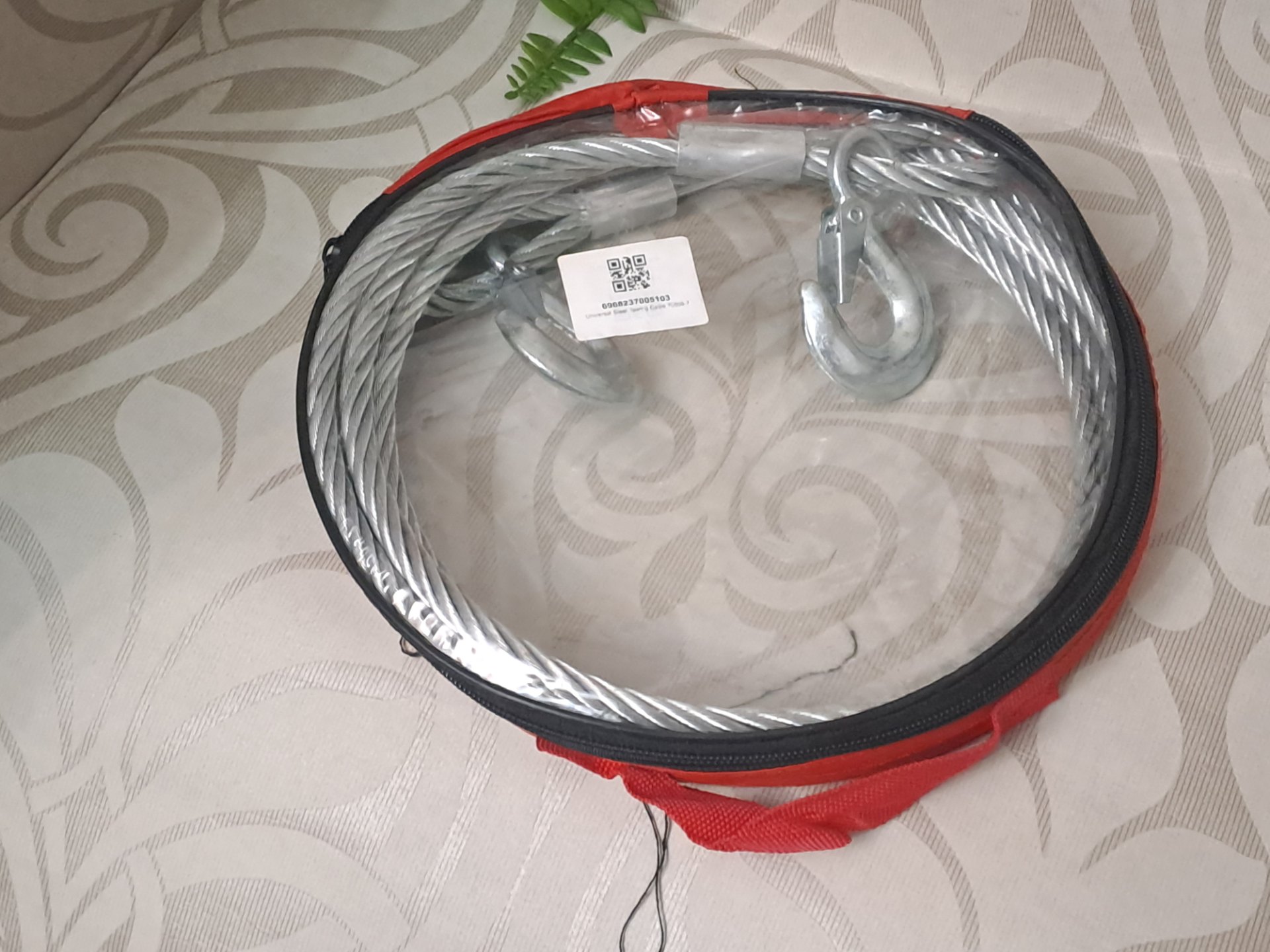 Universal Steel Towing Cable 70509-7 — heavy galvanized cable with two hooks in zip carry case