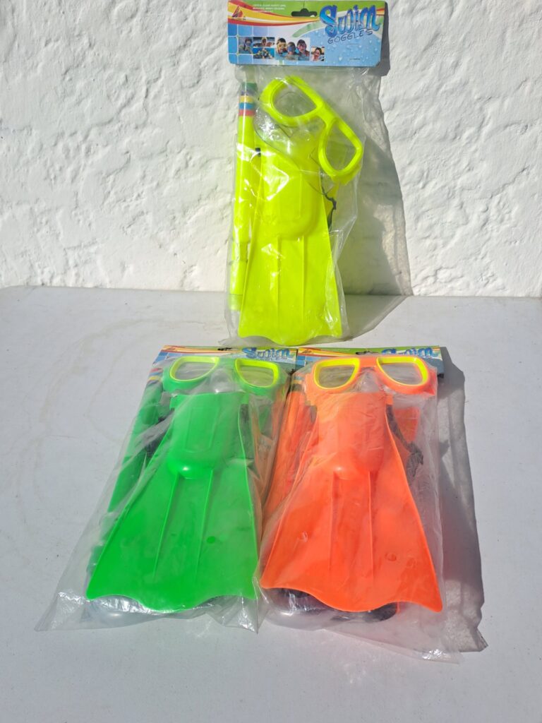 Lot of 3 Sealed Swim/snorkel Sets — Goggles, Snorkel & Pair of Fins (Bright Neon Colours)