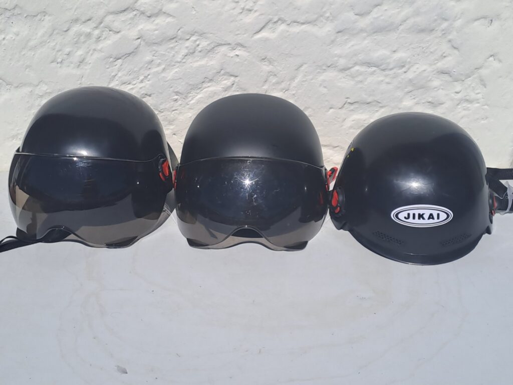 Lot of 3 black open‑face scooter/motorcycle helmets with integrated tinted visors (one labelled JIKAI)