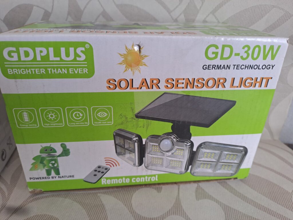Lot: 2 Solar Sensor LED Floodlights – GDPLUS GD-30W + 35W (sealed boxes, packaging damage)
