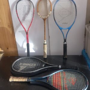 Lot of 5 used tennis rackets – Dunlop, J.M. Enroe, Pro Kennex, Prince + bamboo Matchplay; grips must be replaced