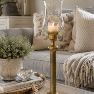 Tall Solid Brass Hurricane Candlestick with Removable Glass Chimney — Candle-Operated