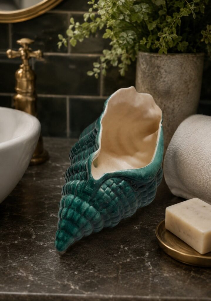 Vintage green glazed shell-shaped ceramic planter — cream interior, three feet, base impressed ‘359’ (watertight)
