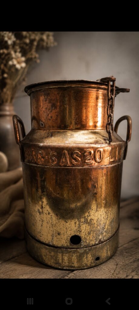 Vintage metal milk churn / can — embossed ‘ARSAS20LI’, chain lid & side handles, heavy patina