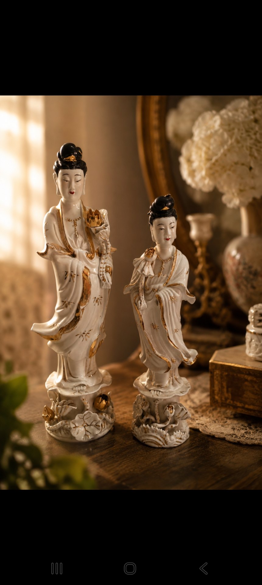 Pair of White Porcelain Ladies — Gilded Detail, Floral Pedestals, Minor Chips & Gilt Loss