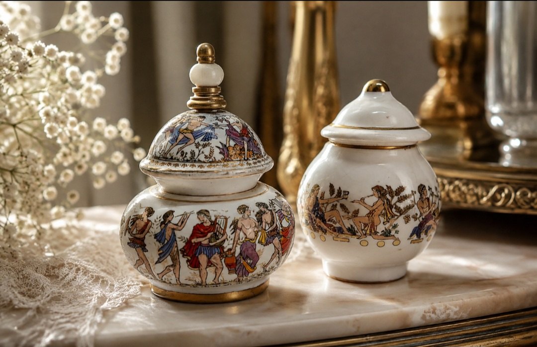 Pair of Miniature Greek “Venus” Hand-Painted Porcelain & Brass Perfume / Trinket Jars – Collectable Pair