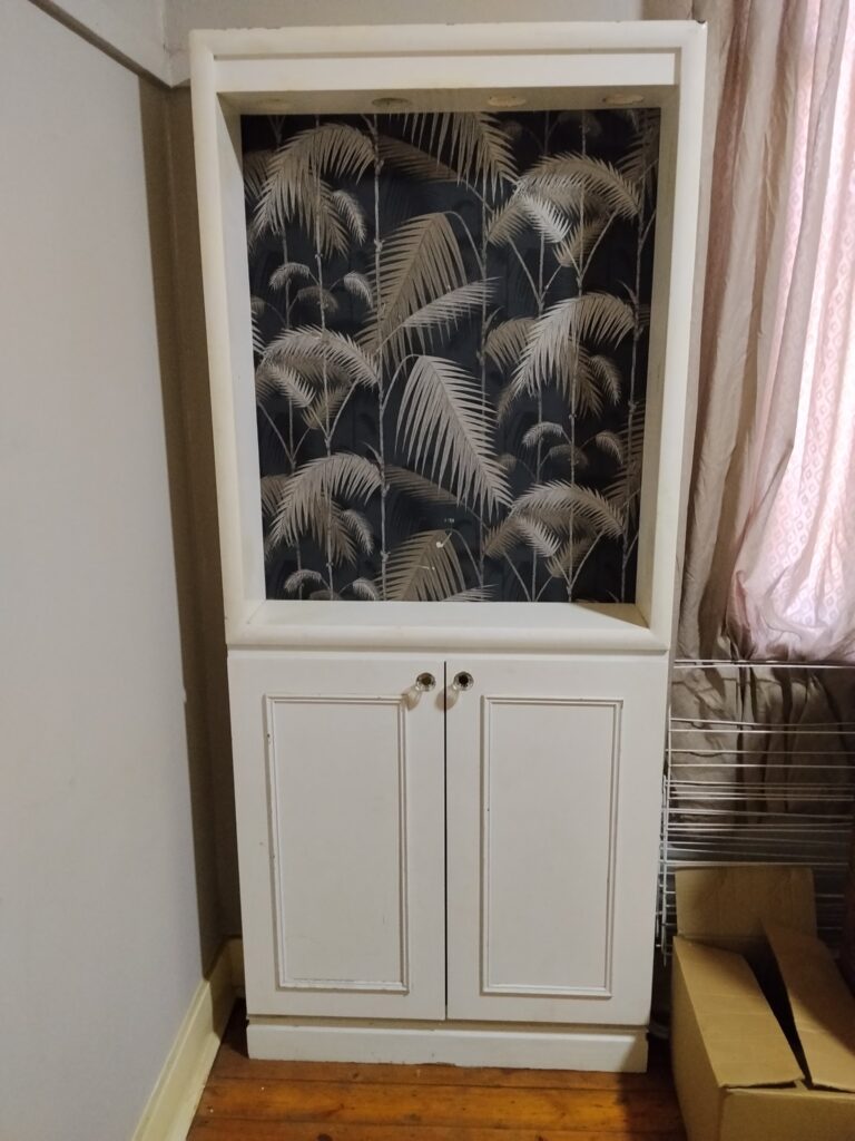 Tall White Freestanding Display Cabinet with Recessed Display & Lower Cupboard — 223 x 90 x 22cm