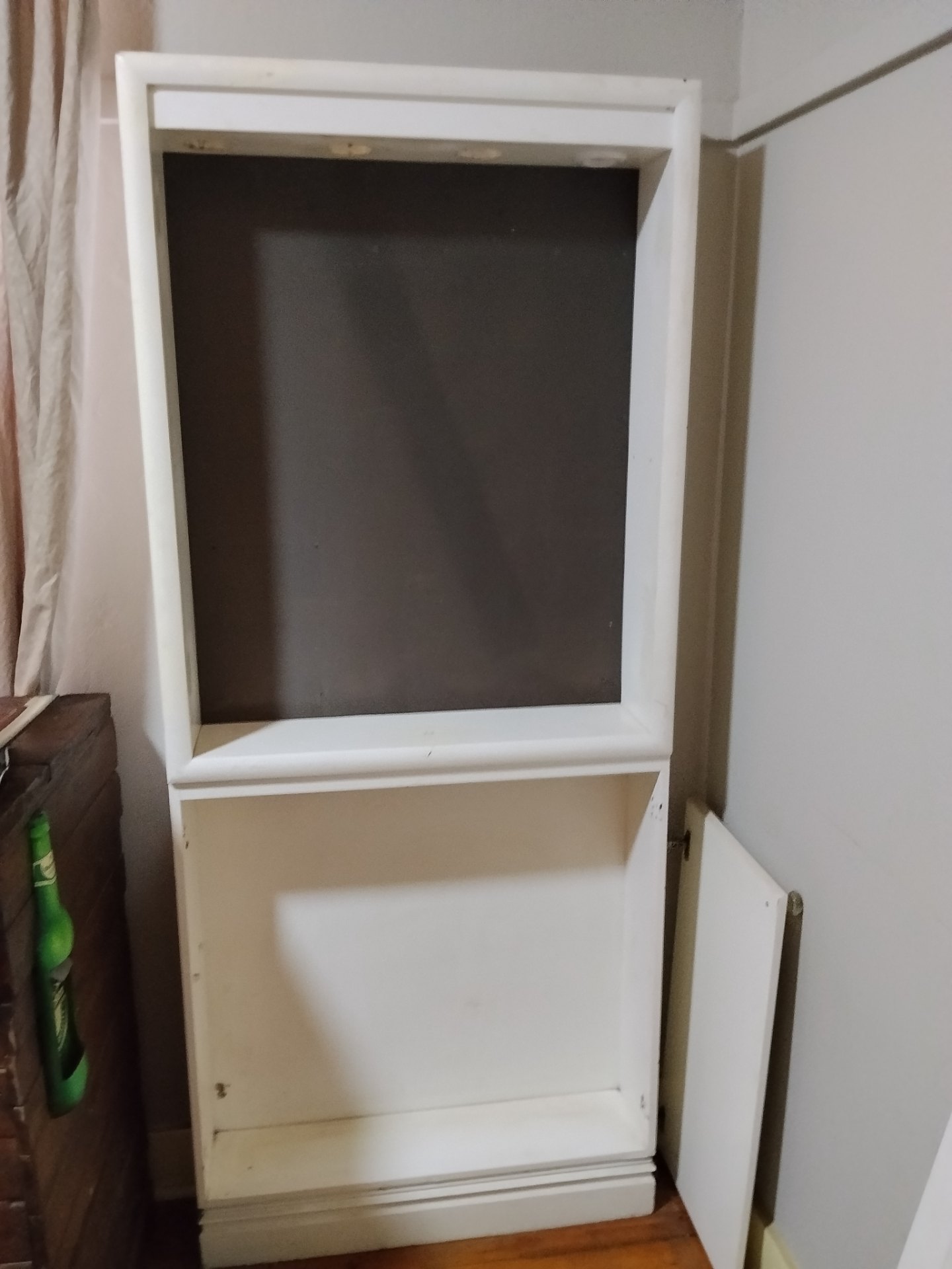 Tall painted white display cabinet / hutch — open top display, lower cupboard, crystal knobs