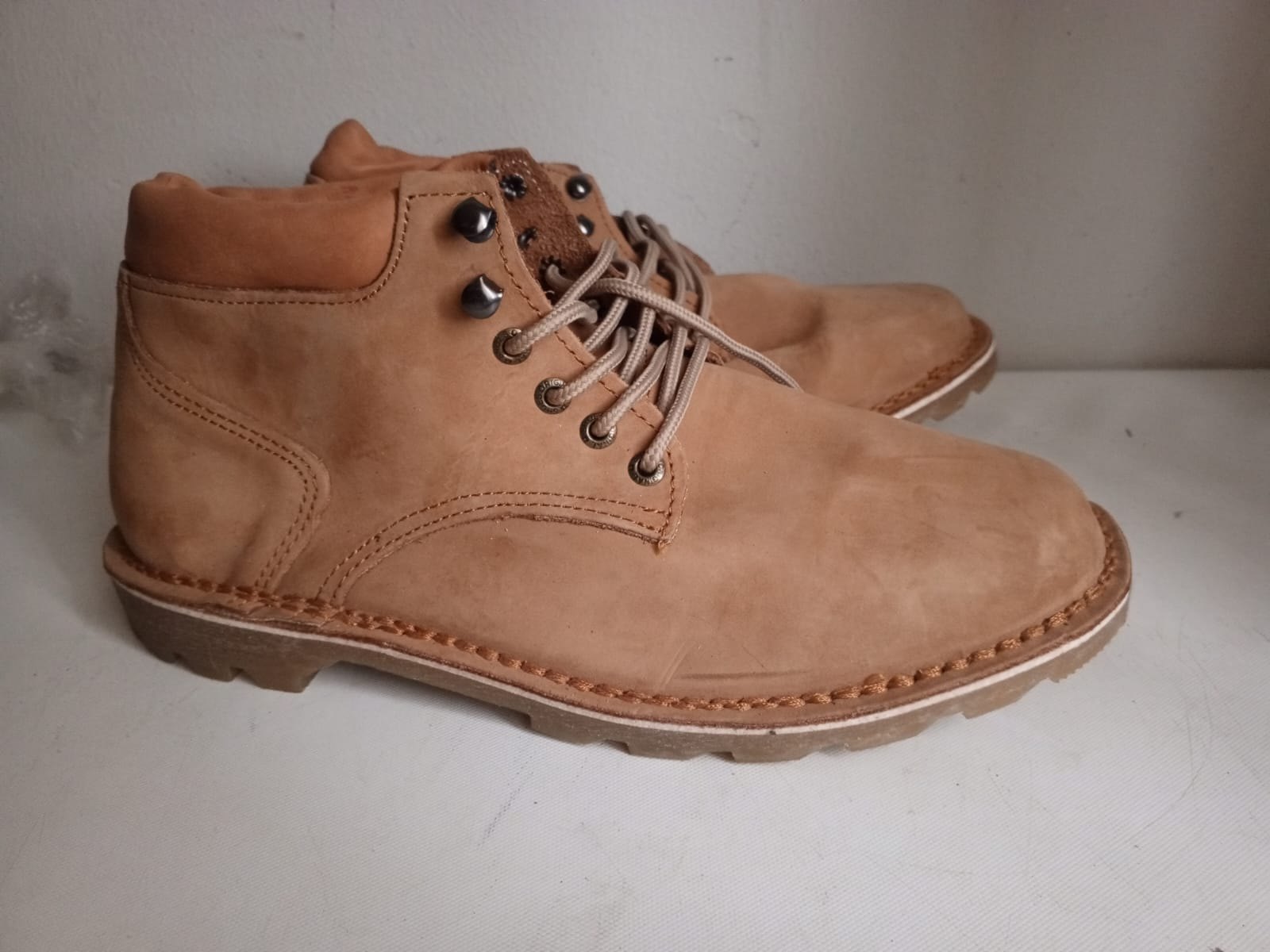 Pair of tan nubuck-style lace-up boots — UK 11, stitched welt & lug sole, good used condition