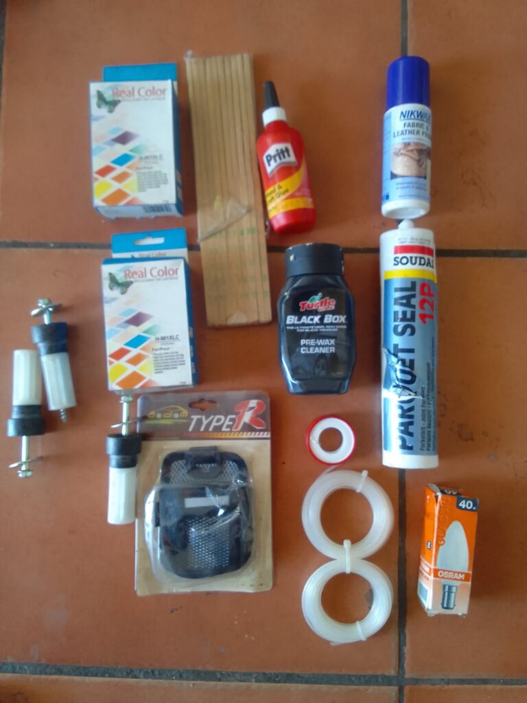 Mixed lot 12x small DIY, automotive & household items — Soudal Park Seal, Turtle Wax, Pritt, Osram bulb, ink cartridges (untested)