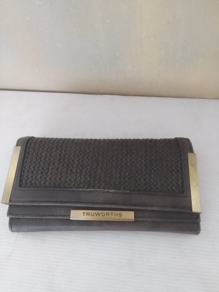 Ladies Truworths leather wallet / clutch — brown with brass trim, like-new (minor wear)