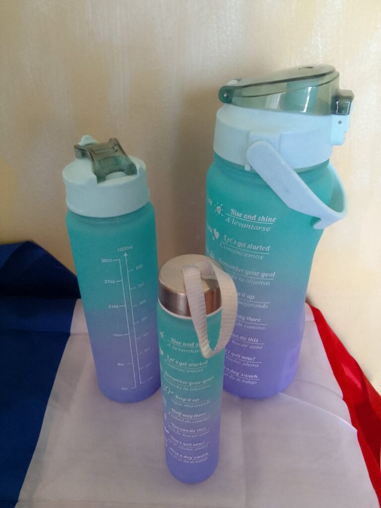Brand New 3-Piece Gradient Water Bottle Set — lids, measurement markings, strap