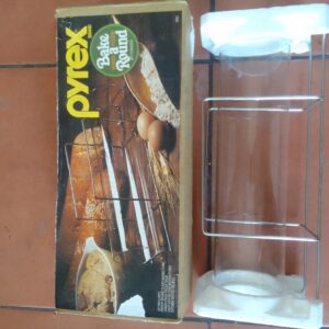 Pyrex Bake-a-Round glass baking tube & metal rack — boxed set (glass intact, box worn)