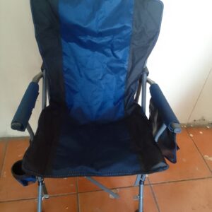 Blue/Black Folding Camping Chair — Padded Armrests, Cup Holder, Front Casters — Needs Repair