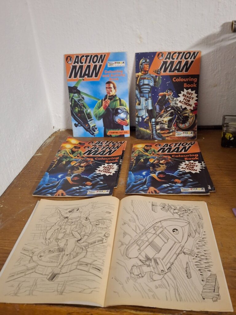 Lot of 4 Action Man colouring / activity books (vintage-style, Prima logo) – used, yellowed pages