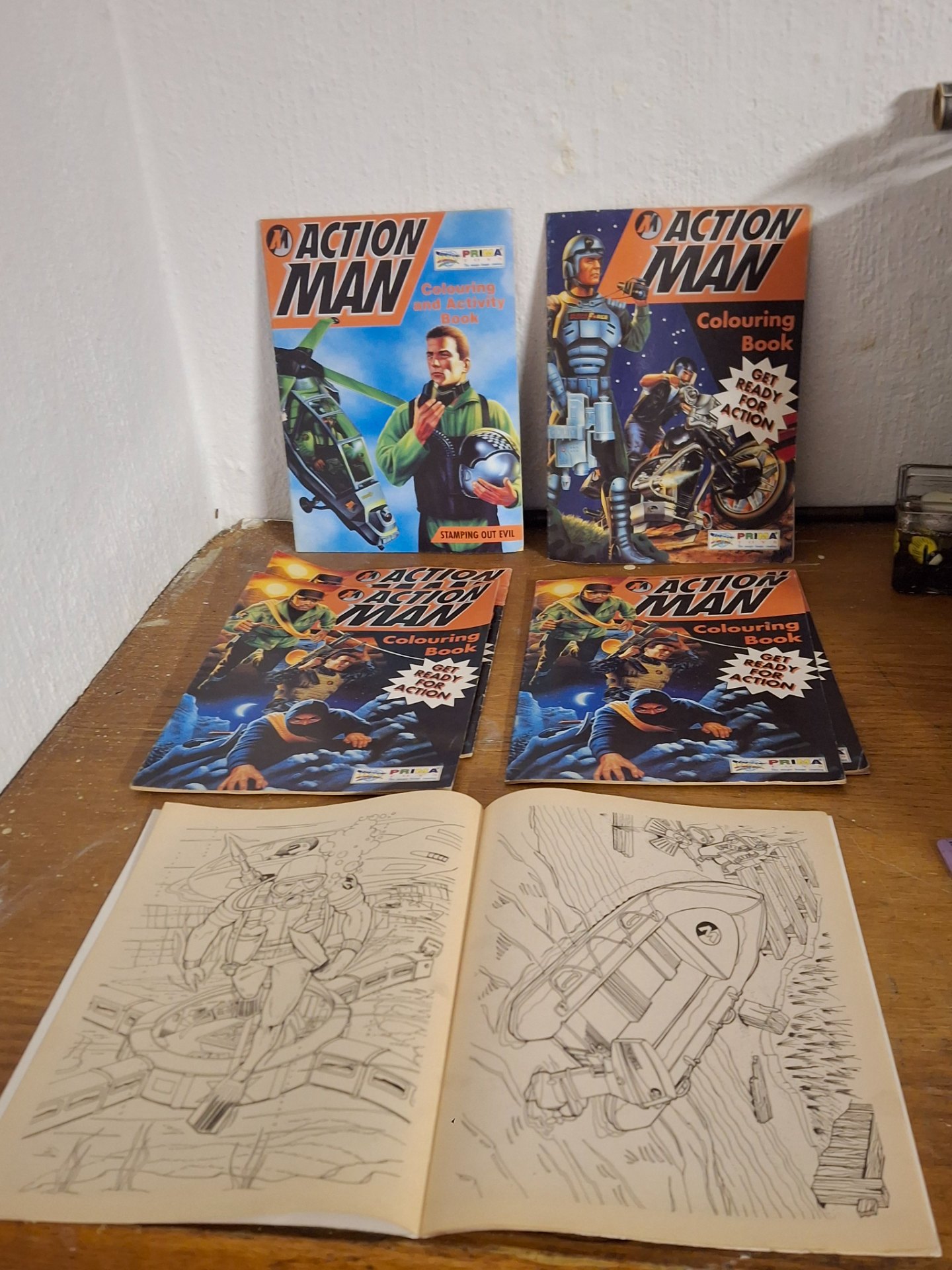 Lot of 4 Action Man colouring / activity books (vintage-style, Prima logo) – used, yellowed pages