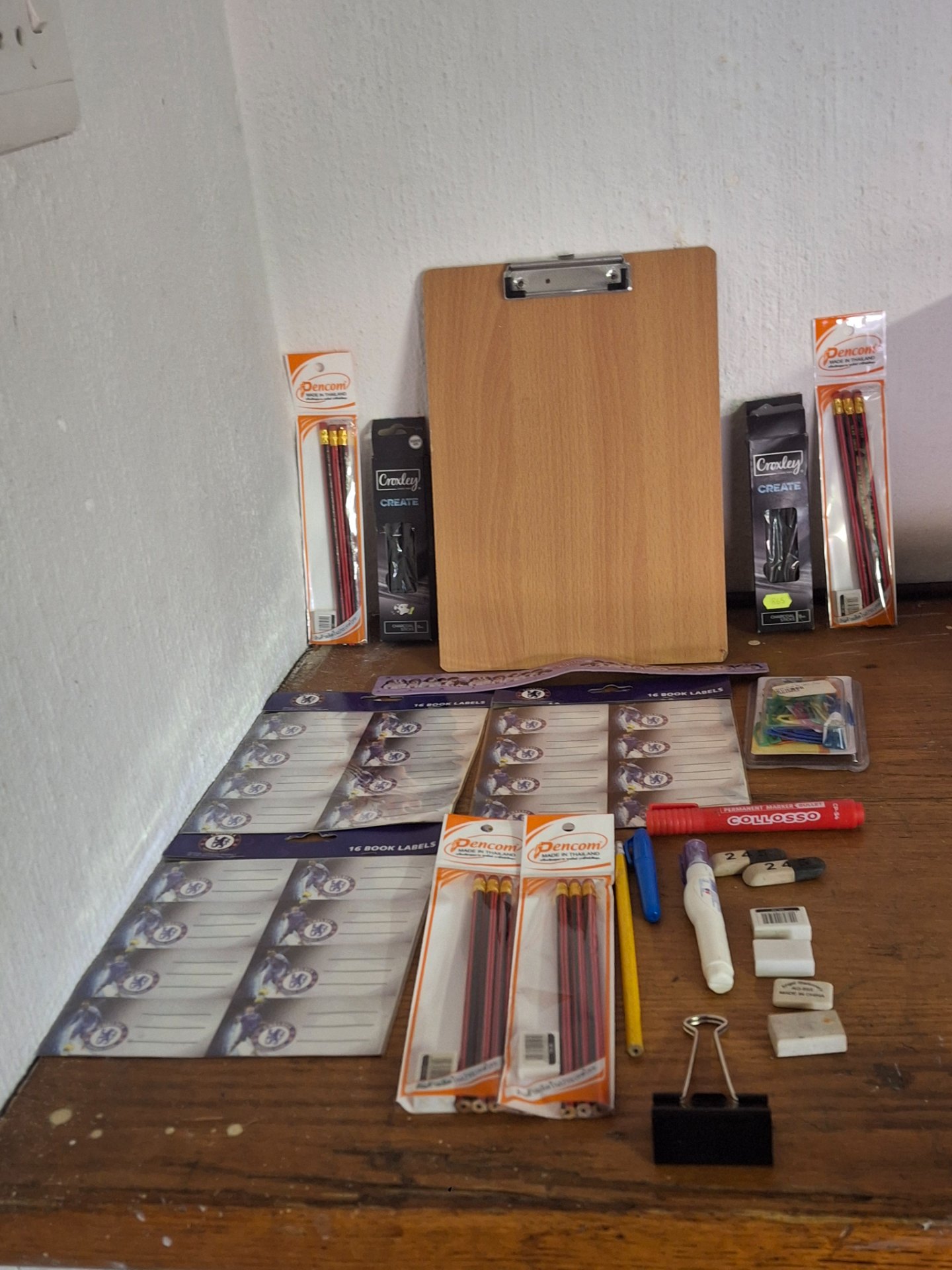 Mixed Stationery Lot – Wooden Clipboard, Sealed Dencom Pencils, Chelsea Book Labels, Croxley Charcoal & Assorted Supplies