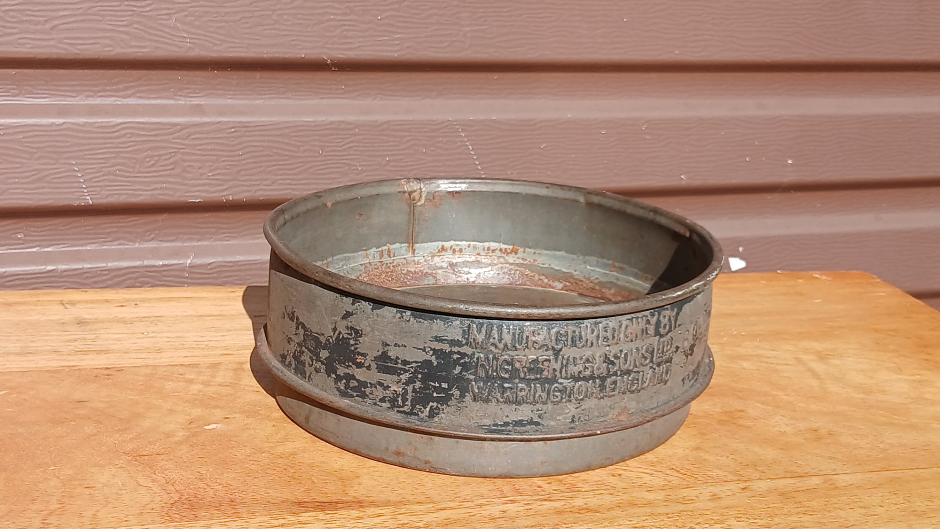 Vintage mine sieve / round metal grading sifter — partial ‘Warrington England’ rim marking