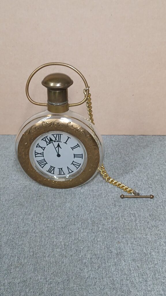 Austrian ‘Famosa LPW’ pocket-watch form glass decanter — gilt bezel & chain (salvage)