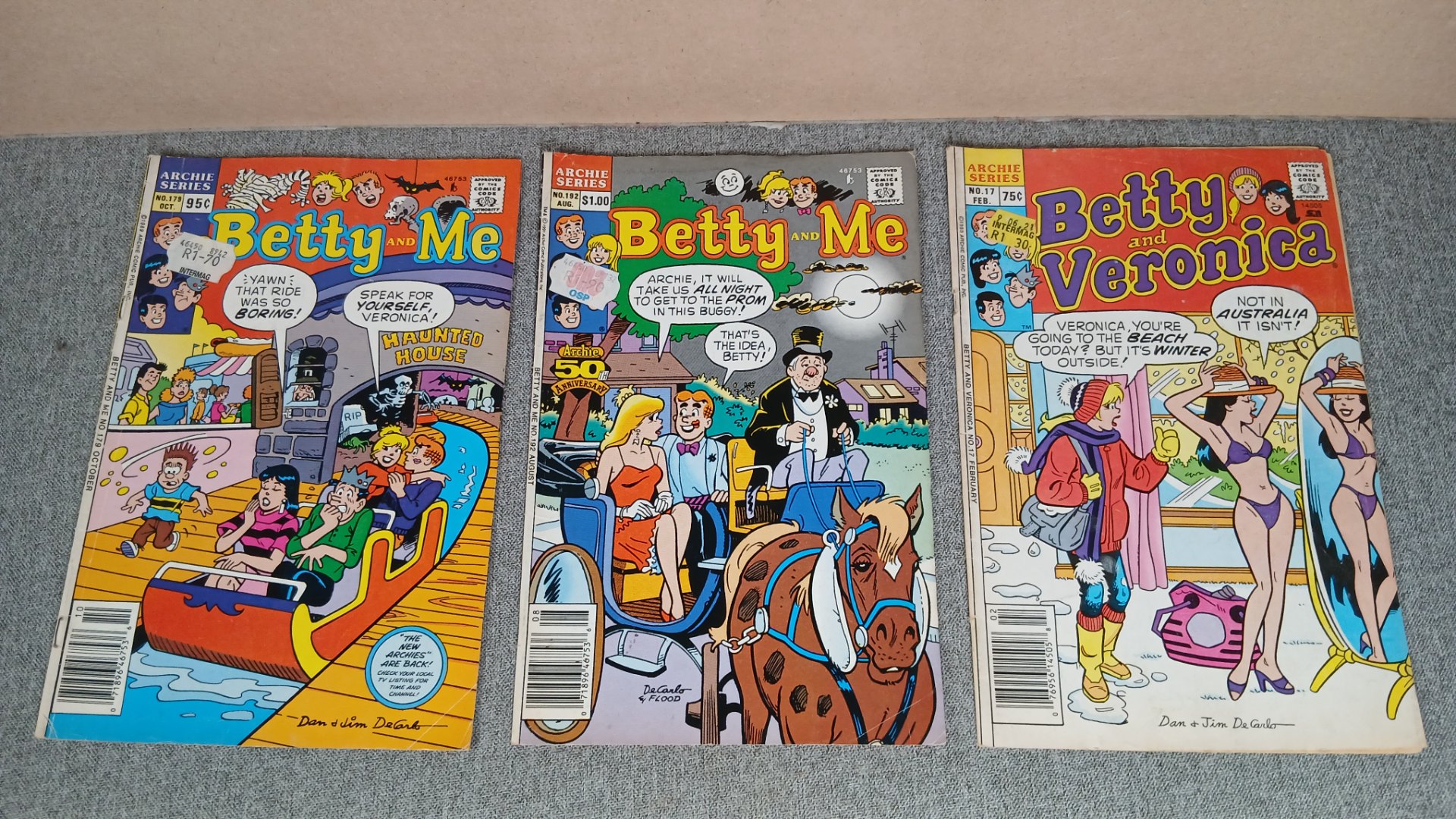 Lot of 3 Archie comics — Betty and Me (x2) + Betty and Veronica — used covers, sticker residue, light wear