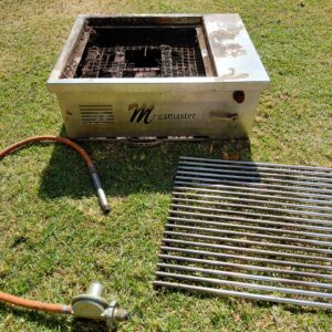 Megamaster built-in LPG gas grill / braai — stainless top, hose & regulator included (needs internal repair)